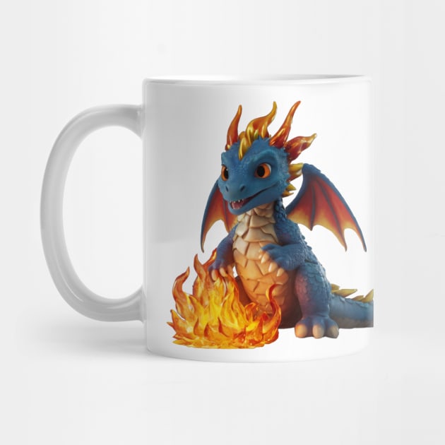 Realistic Cute Blue Baby Dragon with Campfire by Cuteopia Gallery